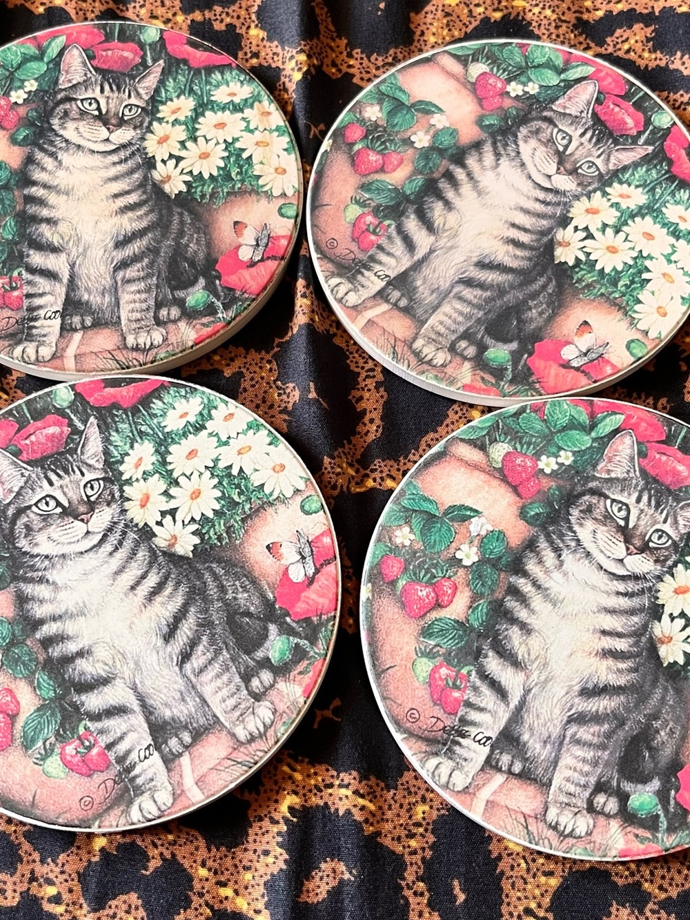 Decorative Cat Coaster Set - Red & Green Floral Design
